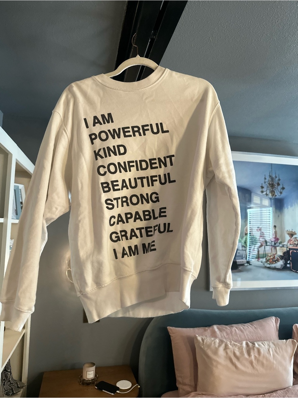 Anine Bing Cream Crewneck Sweatshirt with Black Affirmation Text